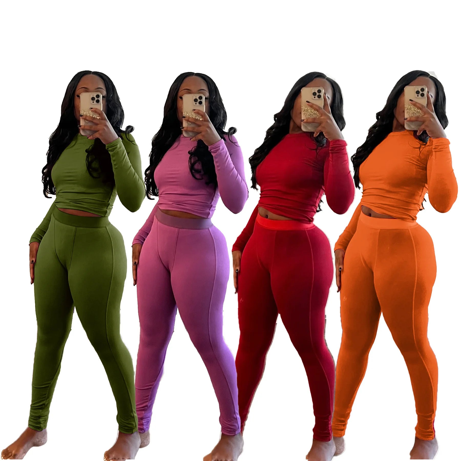 Custom Fall Spring Two Piece Women Long Sleeve Top Long Pants Ribbed Knit 2 Piece Set Casual Slim Two Piece Jogger Set for Women