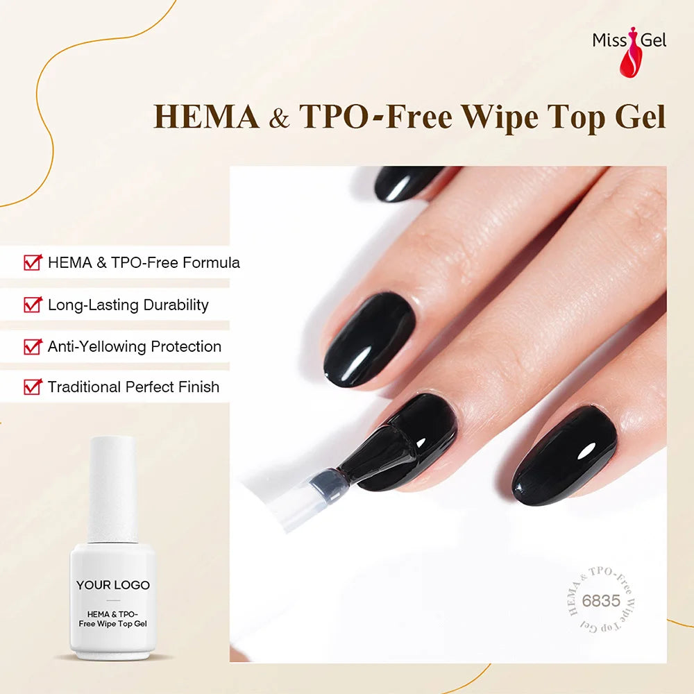 MissGel OEM/ODM Private Label High Quality Premium Super Shiny Non Yellow HEMA & TPO-Free Wipe Top Coat Nail Gel Polish