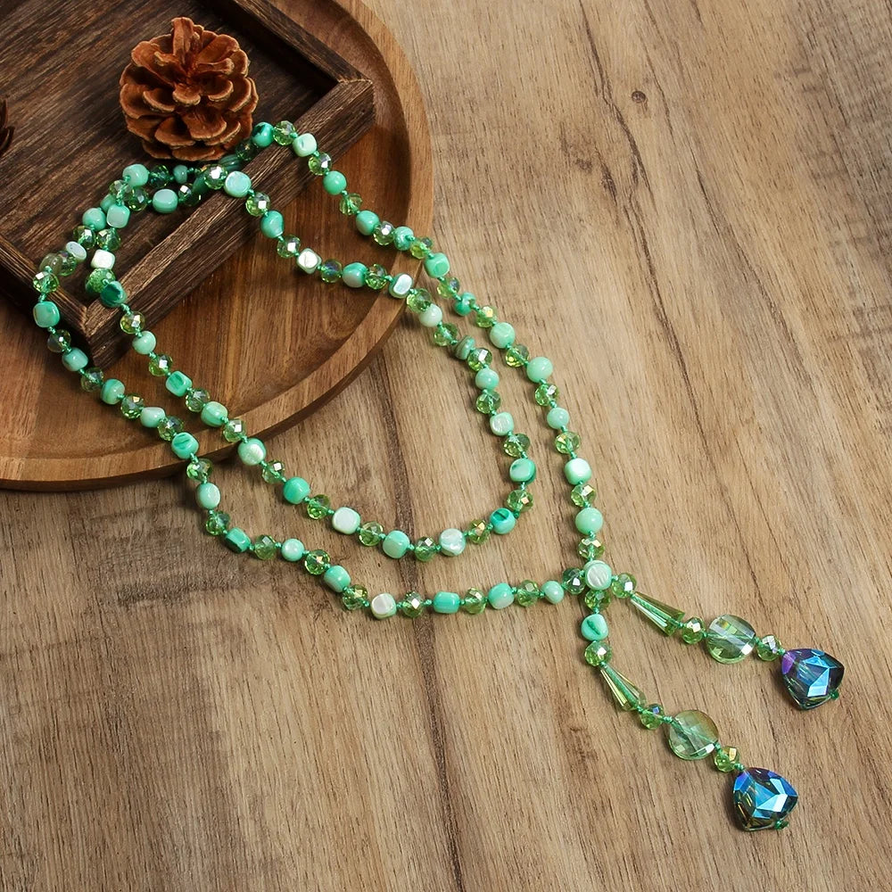 Fashion Long Knotted Women Summer Necklace 8mm Pink Green Gray Crystal Glass Beads Irregular Shell Necklace
