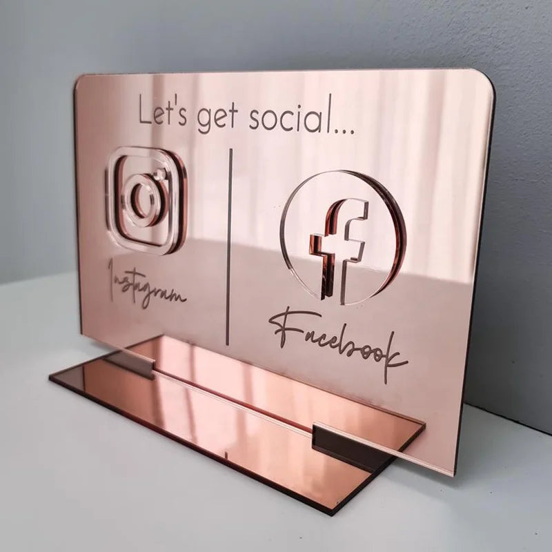 Hot Sale TableTop Mirror Acrylic Social Media Business Sign Facebook Ins Plaque Gold Qr Code Icons Salon Sign