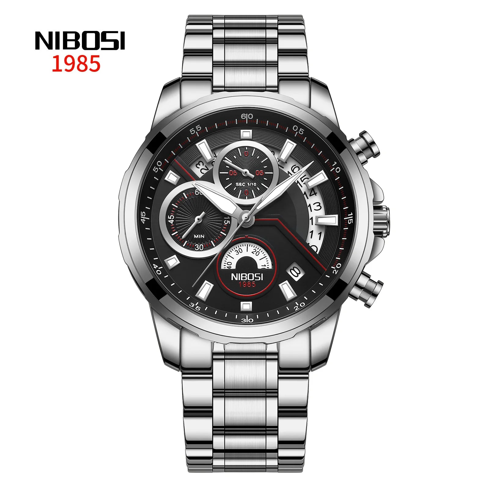 NIBOSI 2576 Stainless Steel Strap Men's Chronograph Men Watches Luminous Alloy Case Wristwatches Quartz Watch