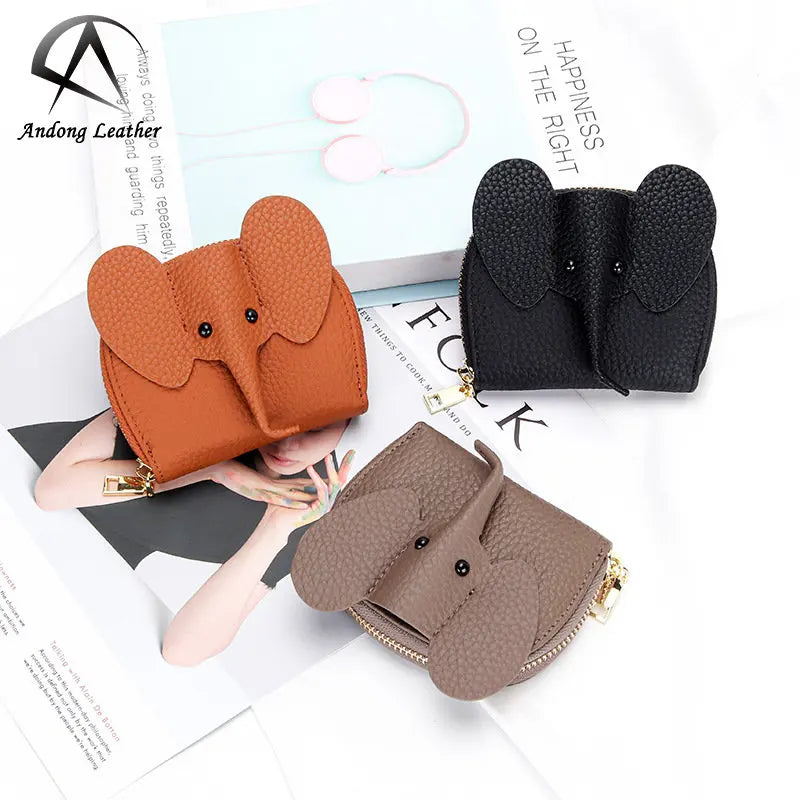Women Card Holders Genuine Cow Leather Fashion Cute Elephant Shape Women Short Wallet Zipper Purse