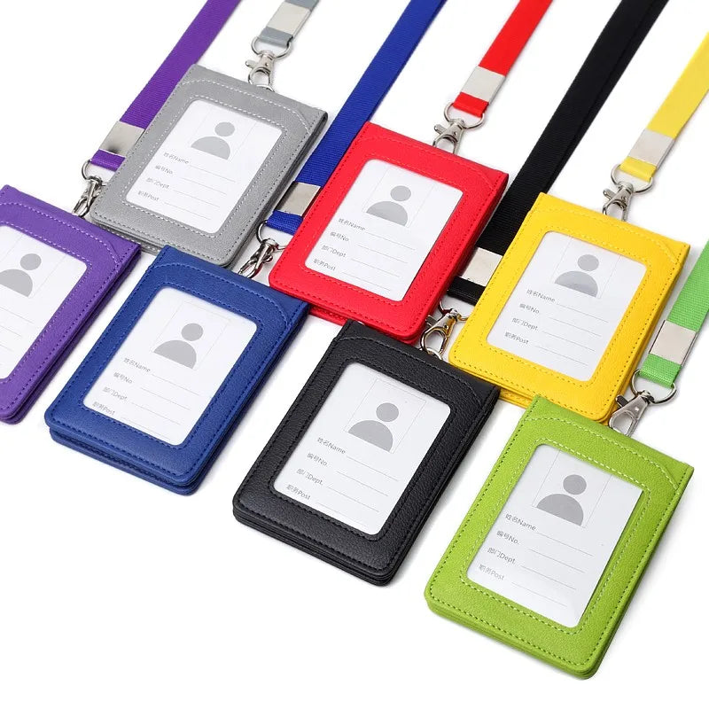 Unisex Solid Color PU Card Holder Neck Strap with Lanyard Multifunction ID Badge Card Holder in Stock