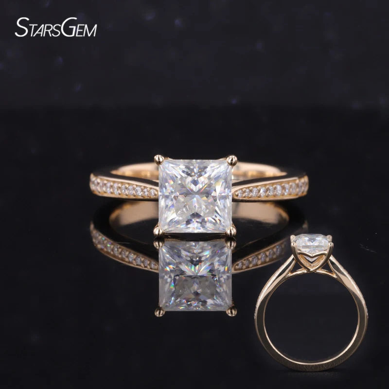 Starsgem 14K Yellow Gold Engagement Ring Jewelry 2 Carat Hidden halo Moissanite Princess Cut Ring