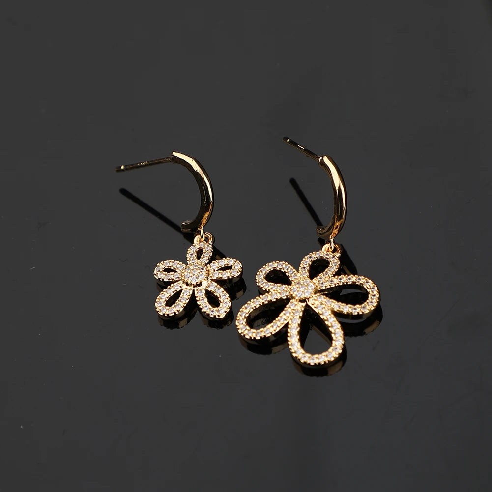 Trendy Gold Plated Asymmetric Drop Earrings for Women Fashionable Korean Style with Zircon Flower Made of Brass