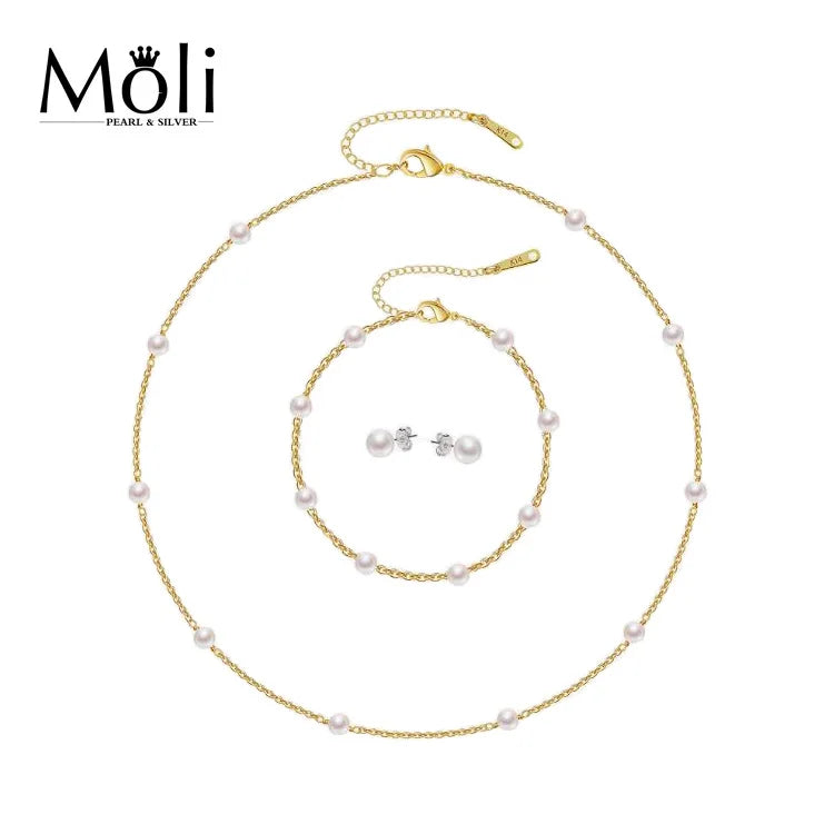 3PCS Pearl Set Star Design Mini Size 5-6mm Round Natural Pearl 925 Silver Chain Necklace Bracelet Earrings Jewelry Set for Gift