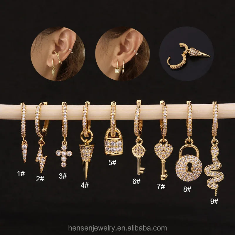 Hengsen New Gold Plated Jewelry CZ Lightening Cross Spike Small Pendant Earrings Clicker Hoop Ear Lobe Cartilage Helix Piercing