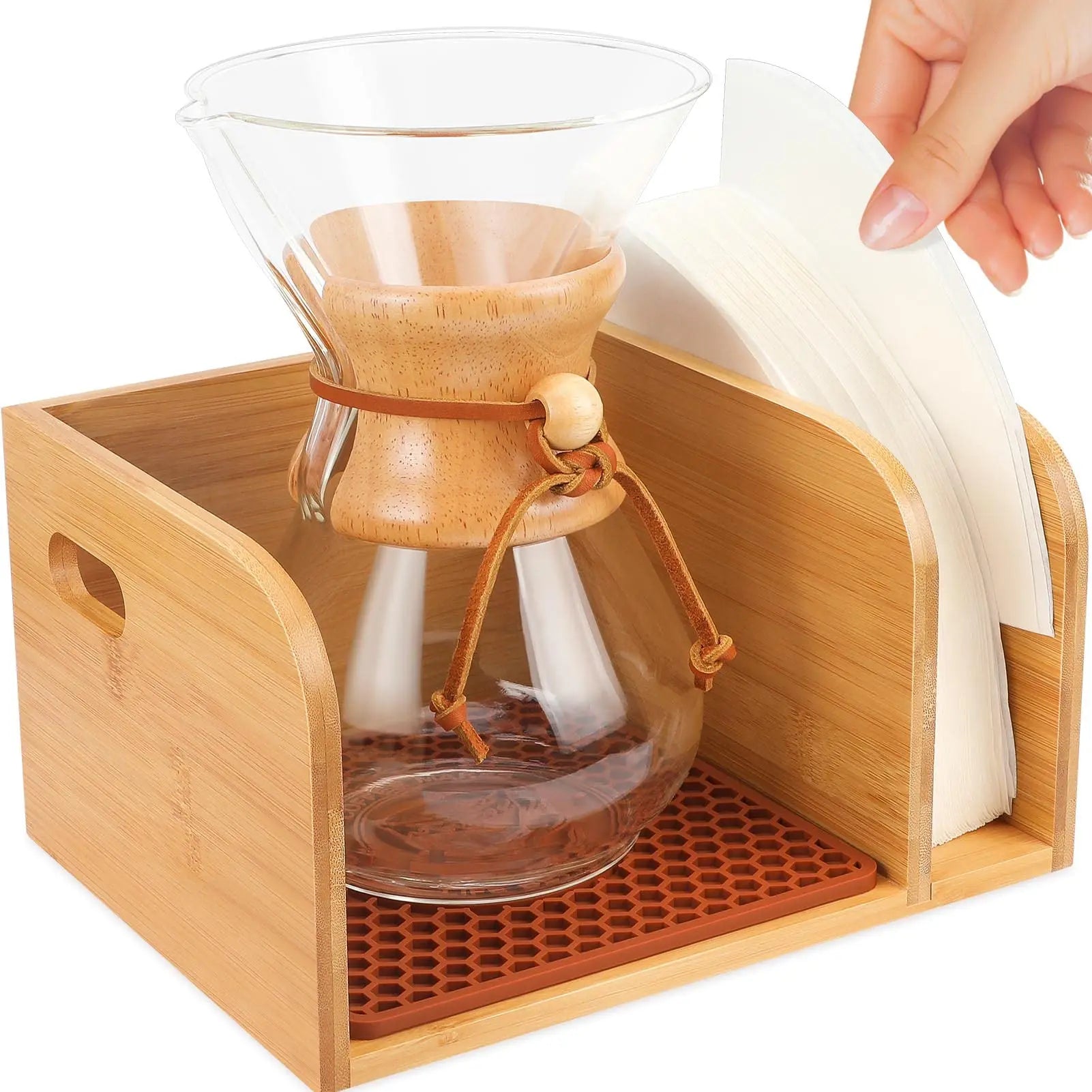 Natural Bamboo Coffee Machine Organizer with Divider Coffee Anti-tip Storage Box with Silicone Pad Waterproof Storage Organizer