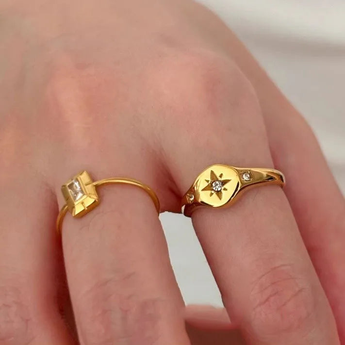 18K Gold Plated Stainless Steel Star Band Ring Gold Celestial Stackable Gem Stone Ring Jewelry Gift for Her