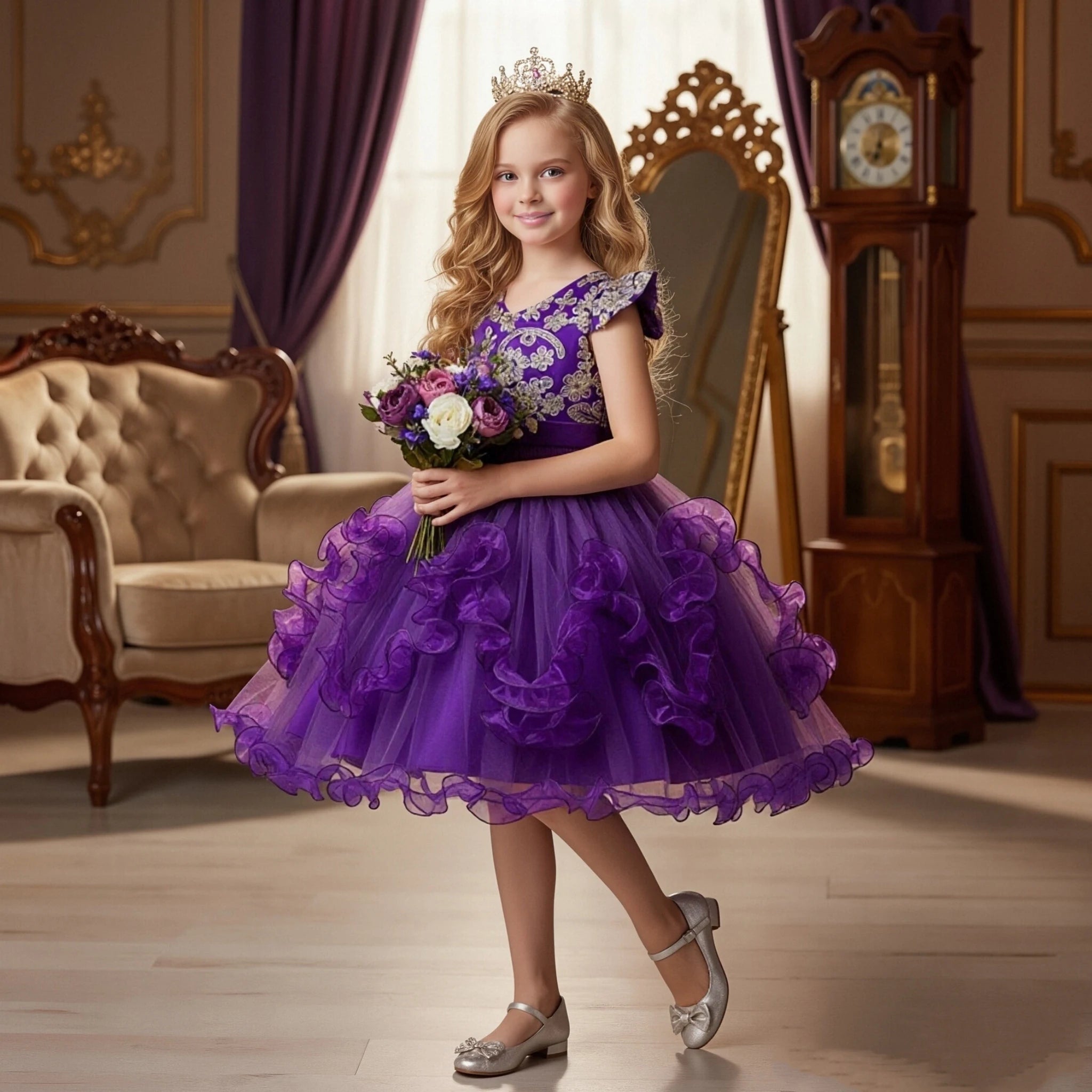 Korean Style Purple Fluffy Baby Girl Birthday Dresses Purple Kid Flower Girl Dress Flying Sleeves Child Evening Dress for 6Y