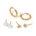 J&D 18K Gold Plated Stainless Steel Pearl Stone and Diamond Cut Stud Earrings Set