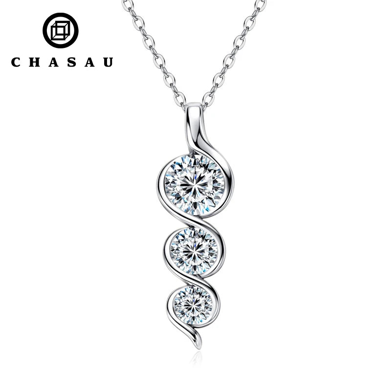 Beautiful Jewelry 925 Silver 6.5mm&5mm&4mm Round White Moissanite Three Stone Pendant Necklace Ladies Twisted Necklace