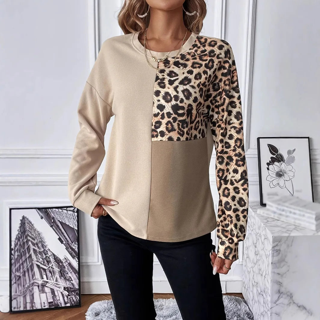 Women's Loose-Fit Daily Style Crew Neck Knitted Top Long Sleeve Bottom Shirt With  Leopard Print