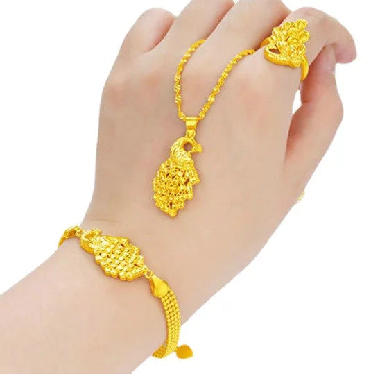 Dubai Gold Brass Gold Plated Peacock Set Gold Plated Jewelry Phoenix Bracelet Women Ring Earrings Necklace Jewelry