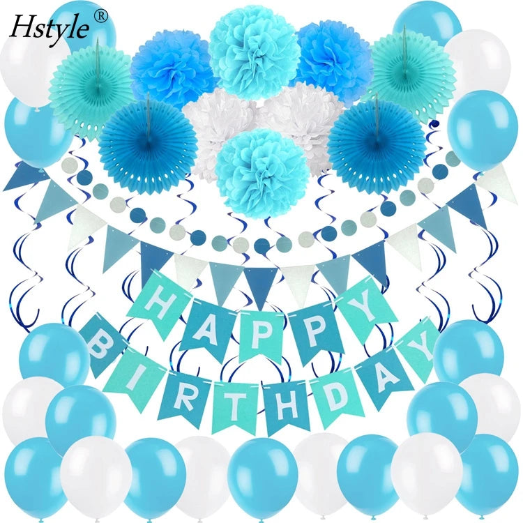 Blue Sky Blue and White Birthday Decoration Set Happy Birthday Banner Bunting Birthday Party Decorations ST002