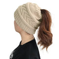 Women Knit Hat Thick Warm Leopard Girls Pompom Knitted Beanie Hat Ponytail Hats Women