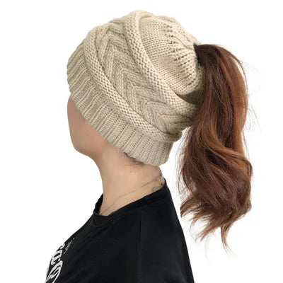 Women Knit Hat Thick Warm Leopard Girls Pompom Knitted Beanie Hat Ponytail Hats Women