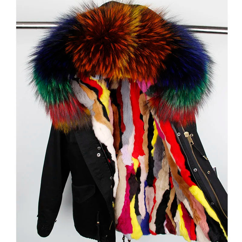 Drop Shipping Maomaokong Oversize Raccoon Hood Short Parka Rabbit Fur Lined Waterproof Zipper Woven Fabric Winter Jacket Coat
