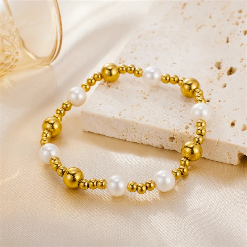 Popular Trendy Women's Stainless Steel Bracelet with 18K PVD Gold Plating Pearl Charm Daily Wear Bangles Anti-corrosion