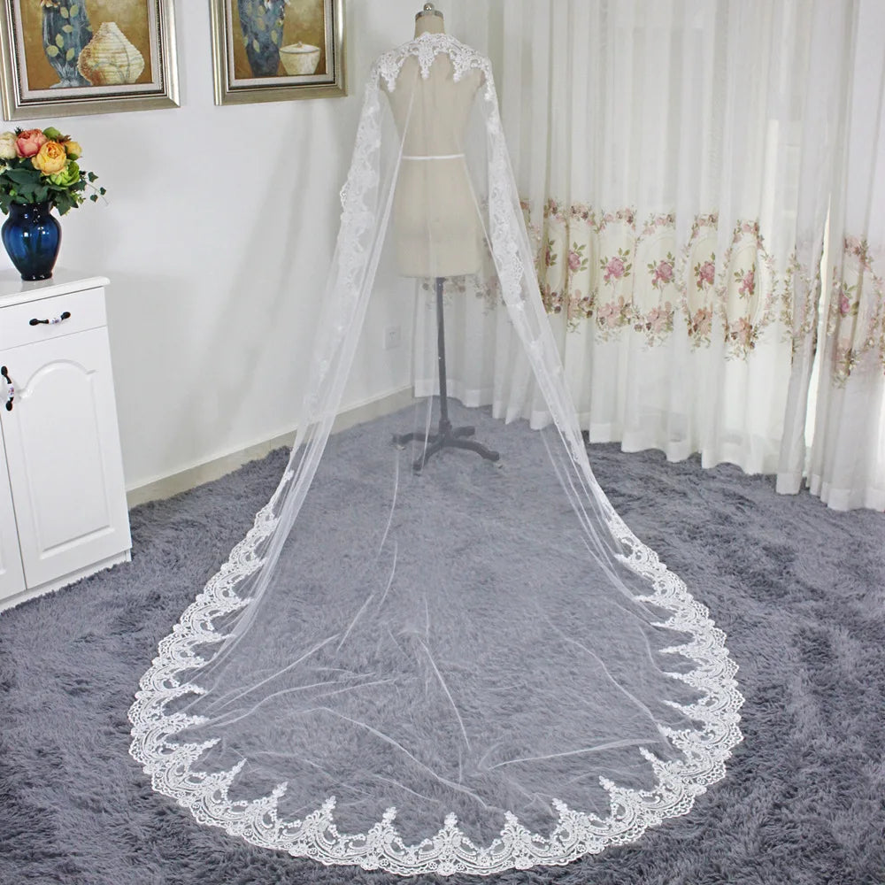 Hot Sale  New White Lace Veil Manufacturer 3m Wedding Dress Headdress Bridal Headwear Cathedral Bridal Veil