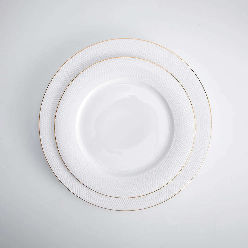 Luxury Custom Restaurant Ceramic Porcelain Eco-Friendly Minimalist Assiettes De Mariage Wedding Flat Dinner Serving Gold Rim