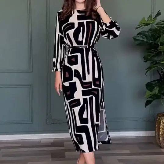 Enyami Vintage Geometric Figure Printing Elegant Elegant Oversize Loose Shirt Female Chic Long Sleeve Summer Beach Dresses