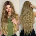 MOQ1 Long Brown Wavy Synthetic Wig Ombre Brown to Blonde Curly Wigs for Women Daily Costume High Quality Thick Hair