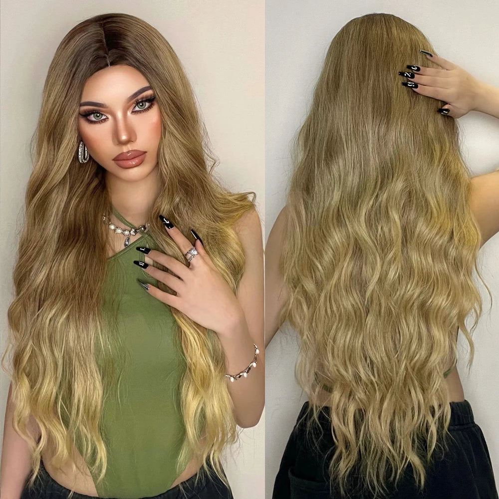 MOQ1 Long Brown Wavy Synthetic Wig Ombre Brown to Blonde Curly Wigs for Women Daily Costume High Quality Thick Hair