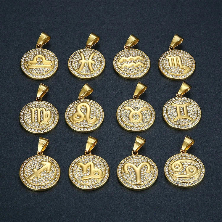 Fashion 12 Astrology Full Crystal Round Disc 18k Gold Plated Stainless Steel Zodiac Sign Pendant Necklace for Men