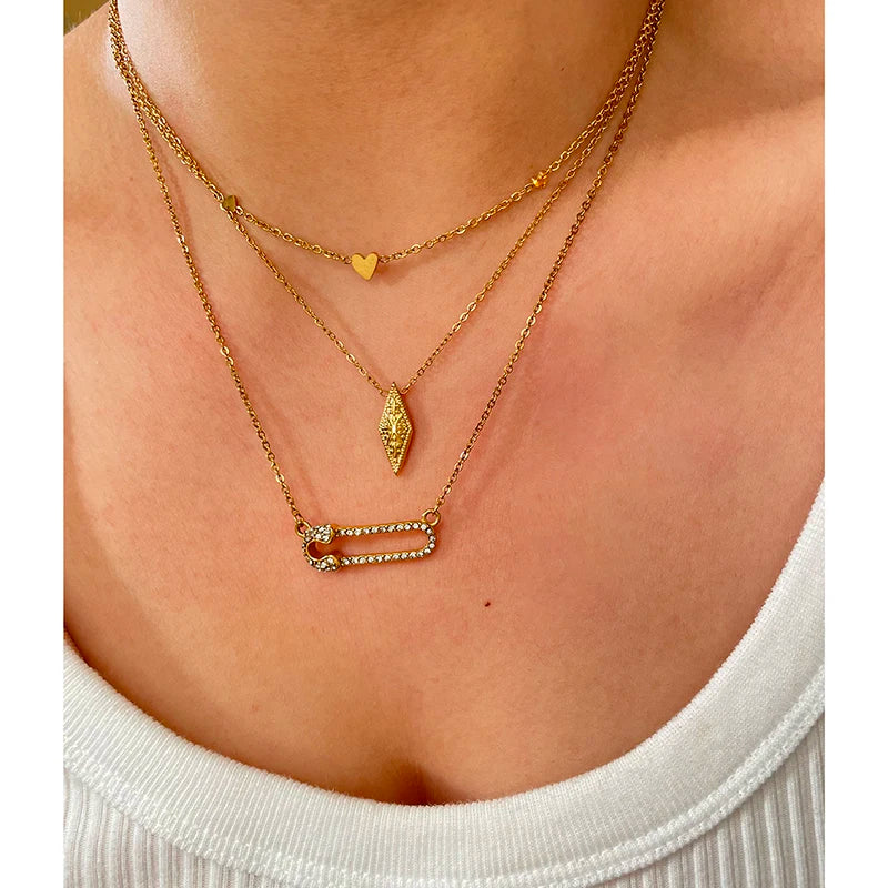 3 Designs Stainless Steel Zircon Safety Pin Necklace Textured Rhombus Star Small Love Heart Layered Necklaces Trendy Jewelry Hot
