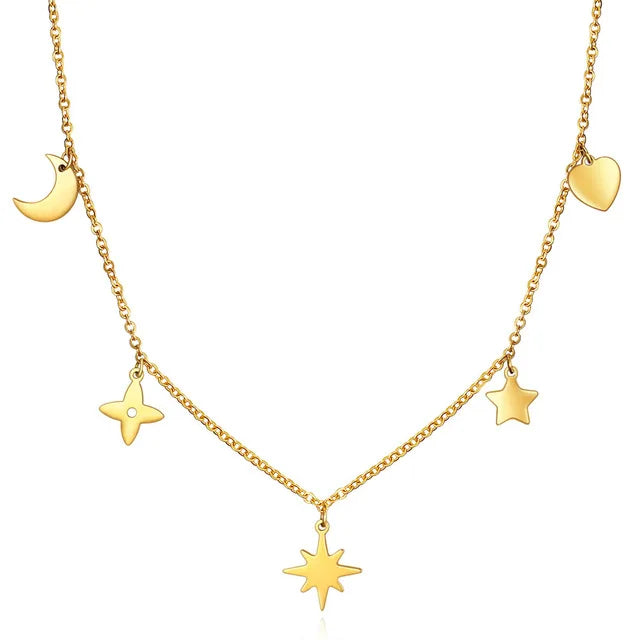 Gold Plated Women Jewelry Stainless Steel Moon and Sun Drop Necklace