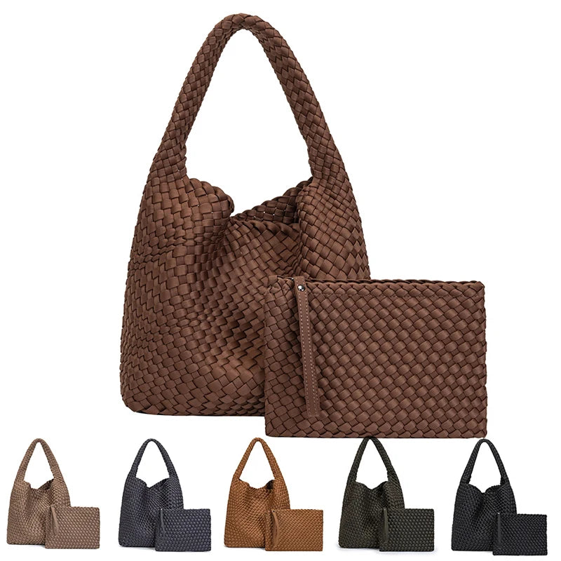 Custom Logo Women's Woven Hand Bag 2 Piece Set Leisure Versatile Tote Beach Bag with Wallet Women Handbag and Purse