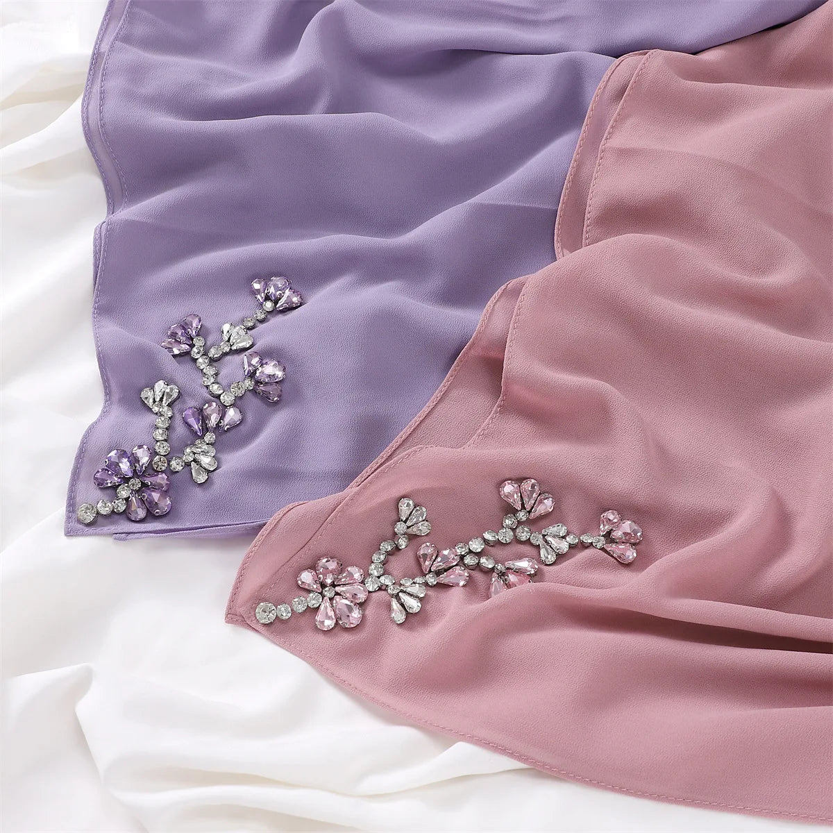 High-quality Heavy-duty Diamond-encrusted plum Scarf Luxurious Hand-made Pure Right-angle Edge Pure Color Pearl Chiffon Scarf
