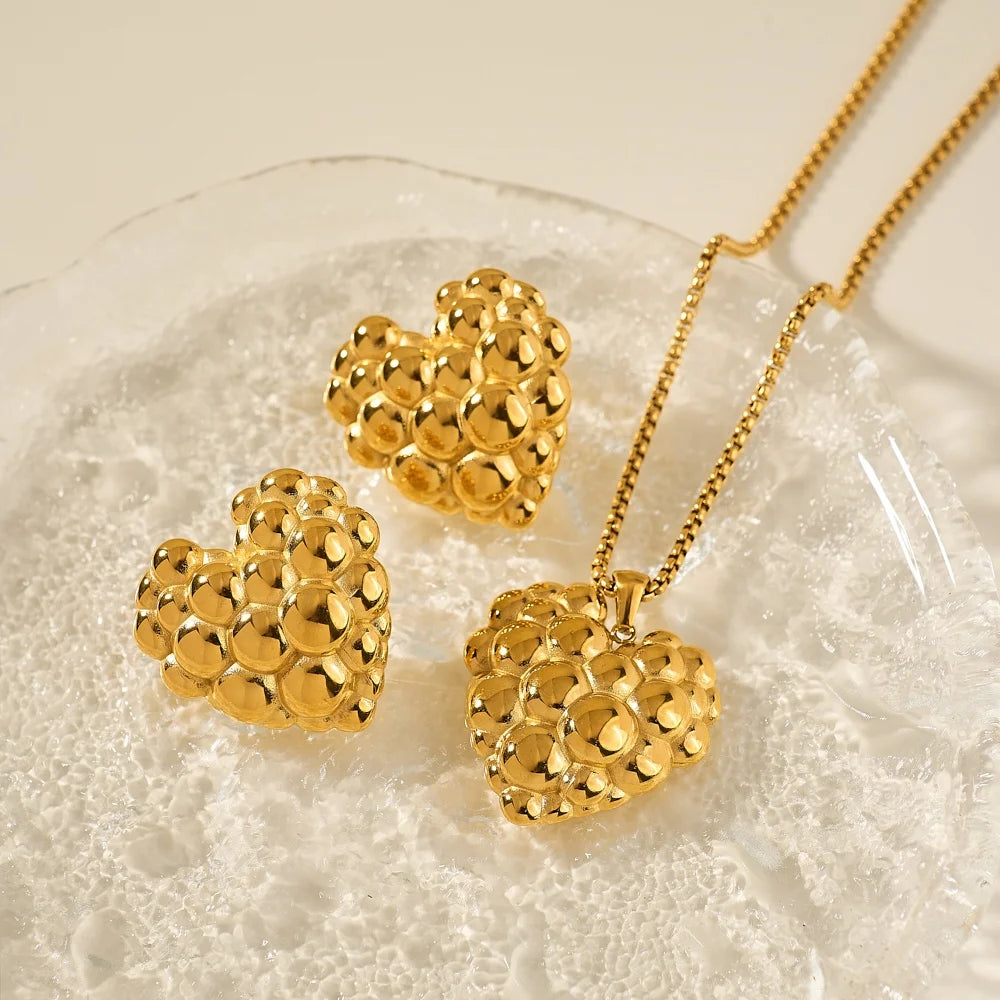 Dazan New HOT 18k Gold Plated Tarnish Free Stainless Steel Vintage Super Shine Bead Heart Necklace Earrings Set Citywalk Jewelry