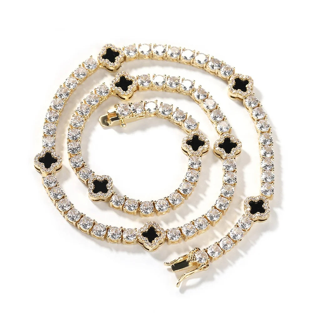 White Gold Hiphop Tennis Chain Choker Necklace Fashionable Four-leaf Clover Design with Iced Cubic Zircon for Women