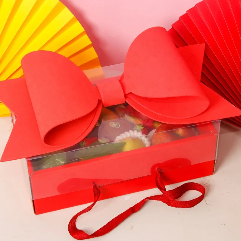 XJH 2026 Mother's Day Red Transparent Portable Fruit Flowers Box With Bowknot for Birthday Wedding Party Gift Candy Packaging
