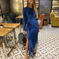 2021 Solid Satin Plus Size Dress Crew Neck Belted Semi Formal Wholesale Korean Elegant Women Tea Party Maxi Dresses
