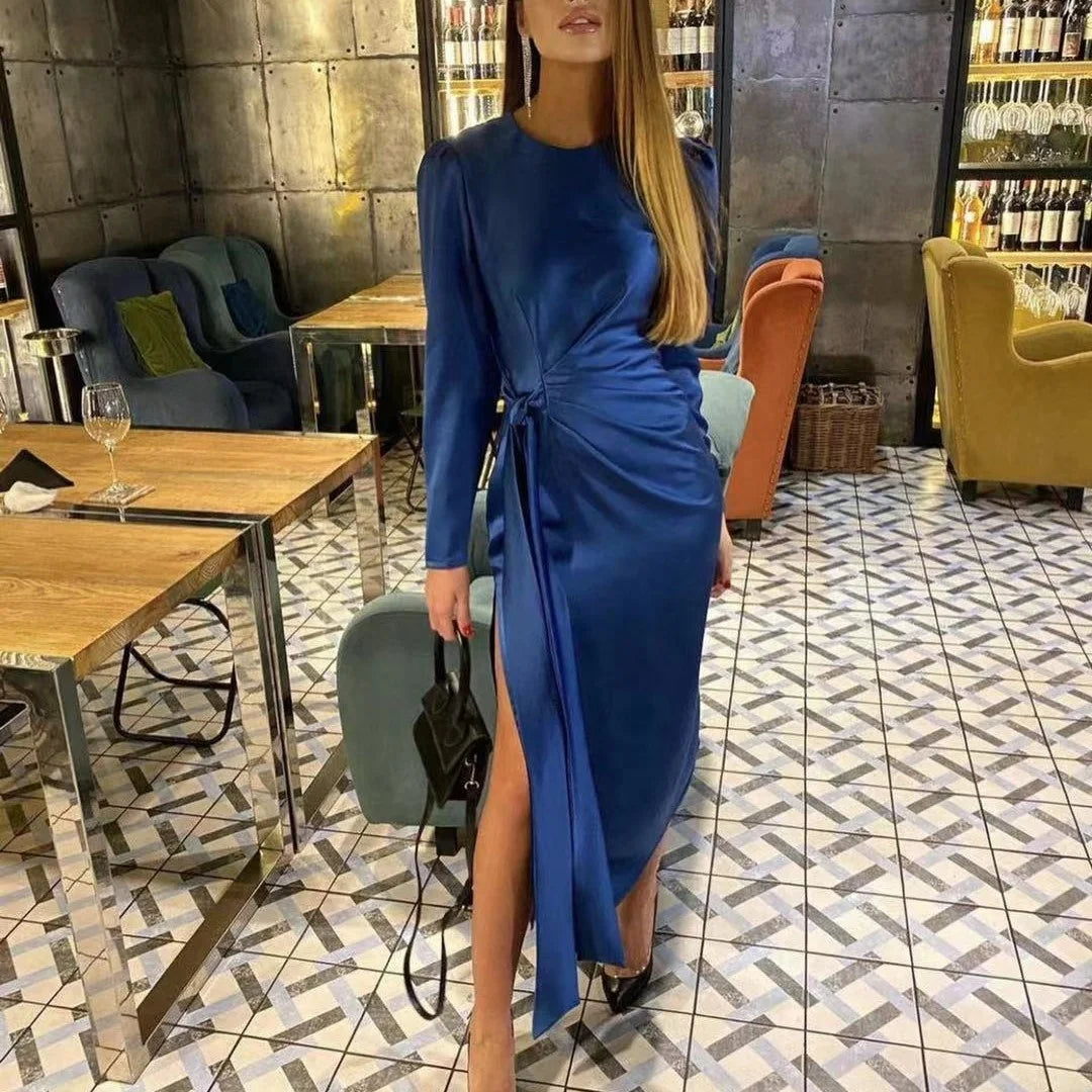 2021 Solid Satin Plus Size Dress Crew Neck Belted Semi Formal Wholesale Korean Elegant Women Tea Party Maxi Dresses