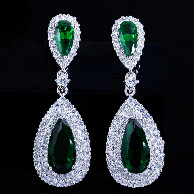 5.6 cm Long Teardrop Cubic Zirconia Crystal Setting Royal Green Water Drop Luxury Wedding Earrings for Women Party Jewelry Gift