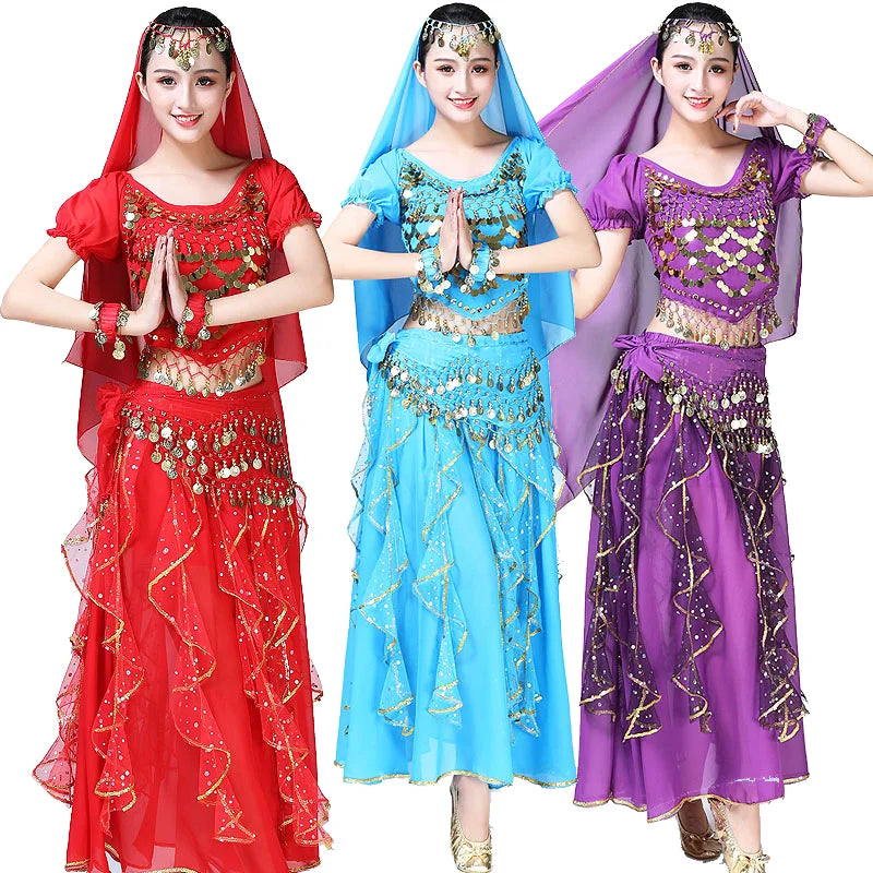 Wholesale Adult Indian Belly Dance Stage Performance Shiny Long Tassel Skirt with Short Sleeve Costumes 2pieces Set for Women