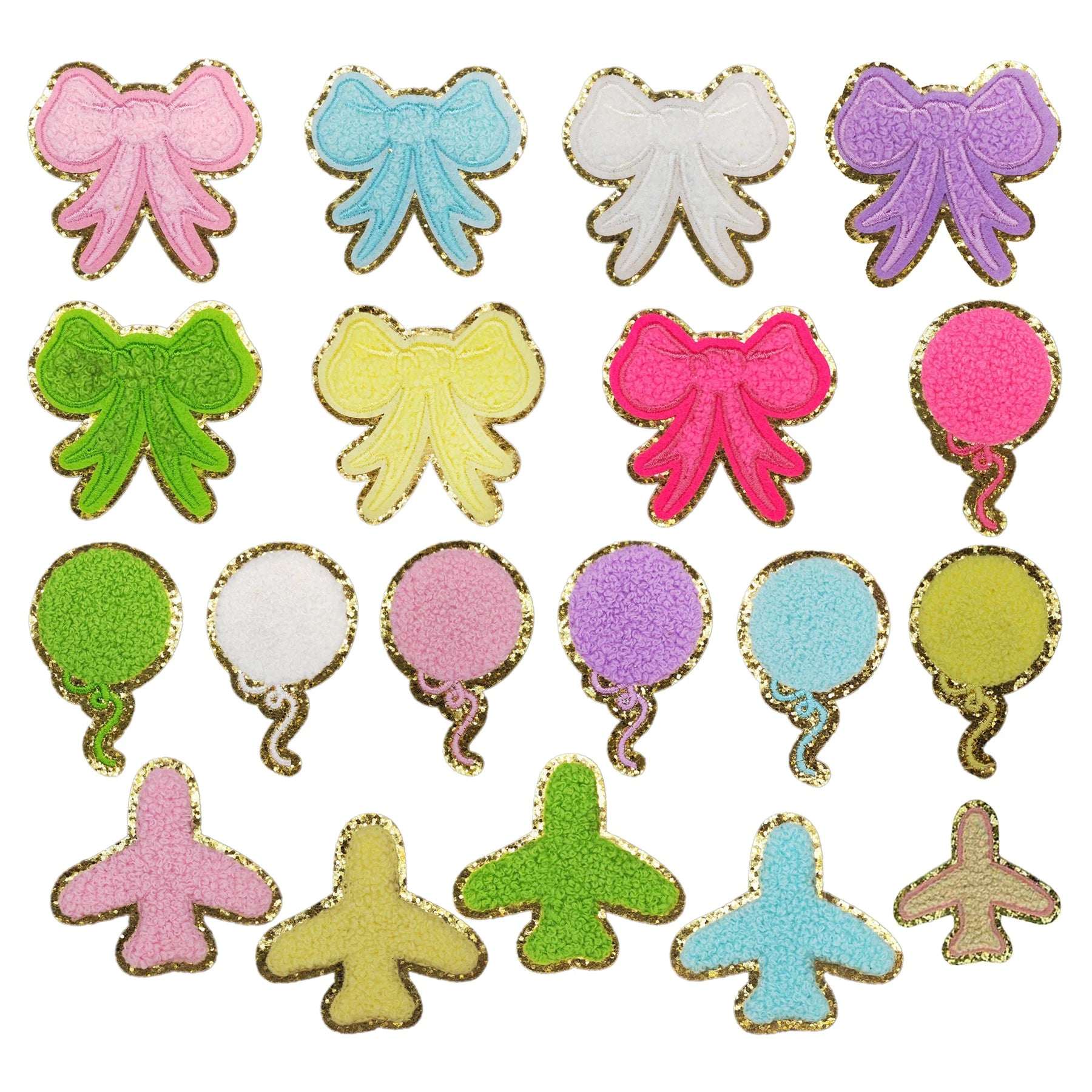Hot Sale Chenille Glitter Embroidery Iron on Patches Bowknot Balloon Airplane Iron on Patches