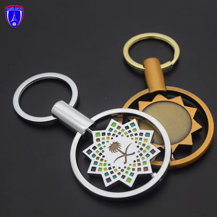 Top Quality Saudi Arabia Vision Keychain Gold Chrome Plated Fancy 2d Metal Keyring Custom Rotatable Key Chains