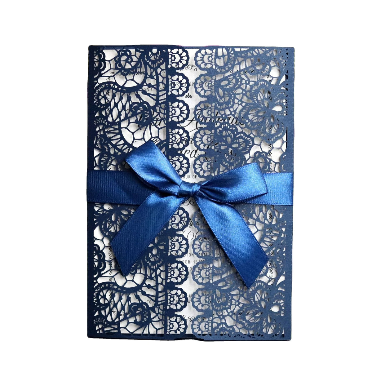 Navy Laser Floral Pattern Invitation Card with Ribbon Bows MegaBDM