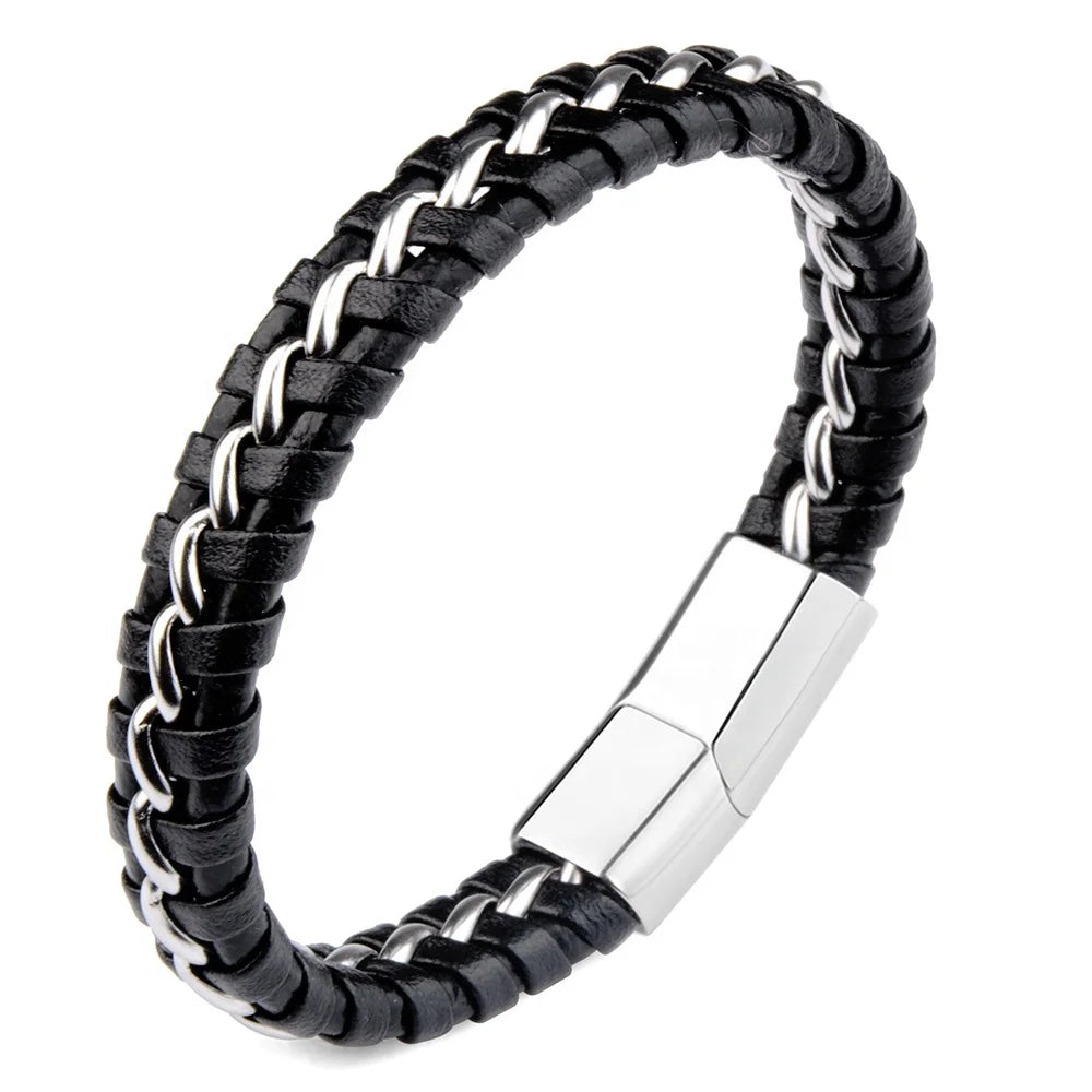 Popular Personalized Leather Chain Braided Stainless Steel Clasp Megnet Bracelet