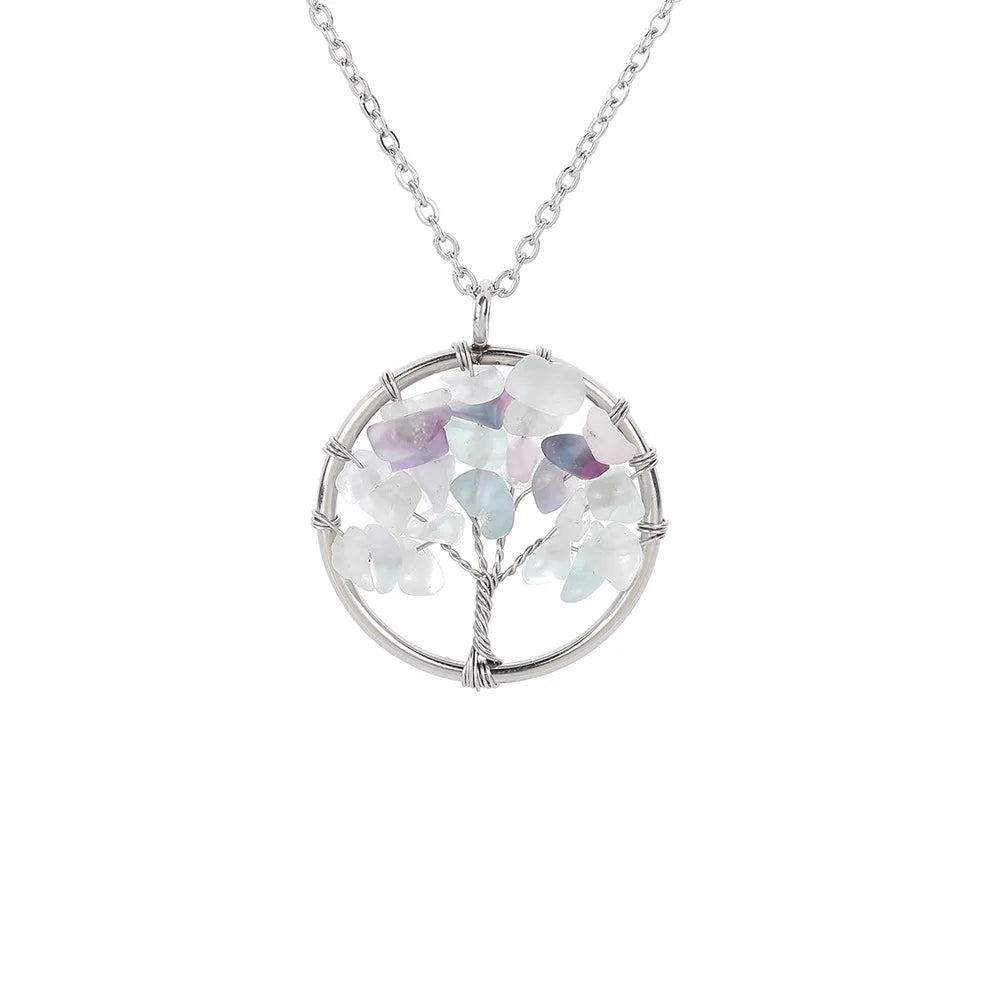 Hongzhuo Hot sale 7 Chakra Fluorite Tree of Life Natural Tumbled Gemstone Wire Wrapped Pendant Necklace Jewelry