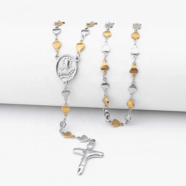 Women Gifts Stainless Steel Heart Chain Religious Cross Pendant Jesus Piece Rosary Necklace