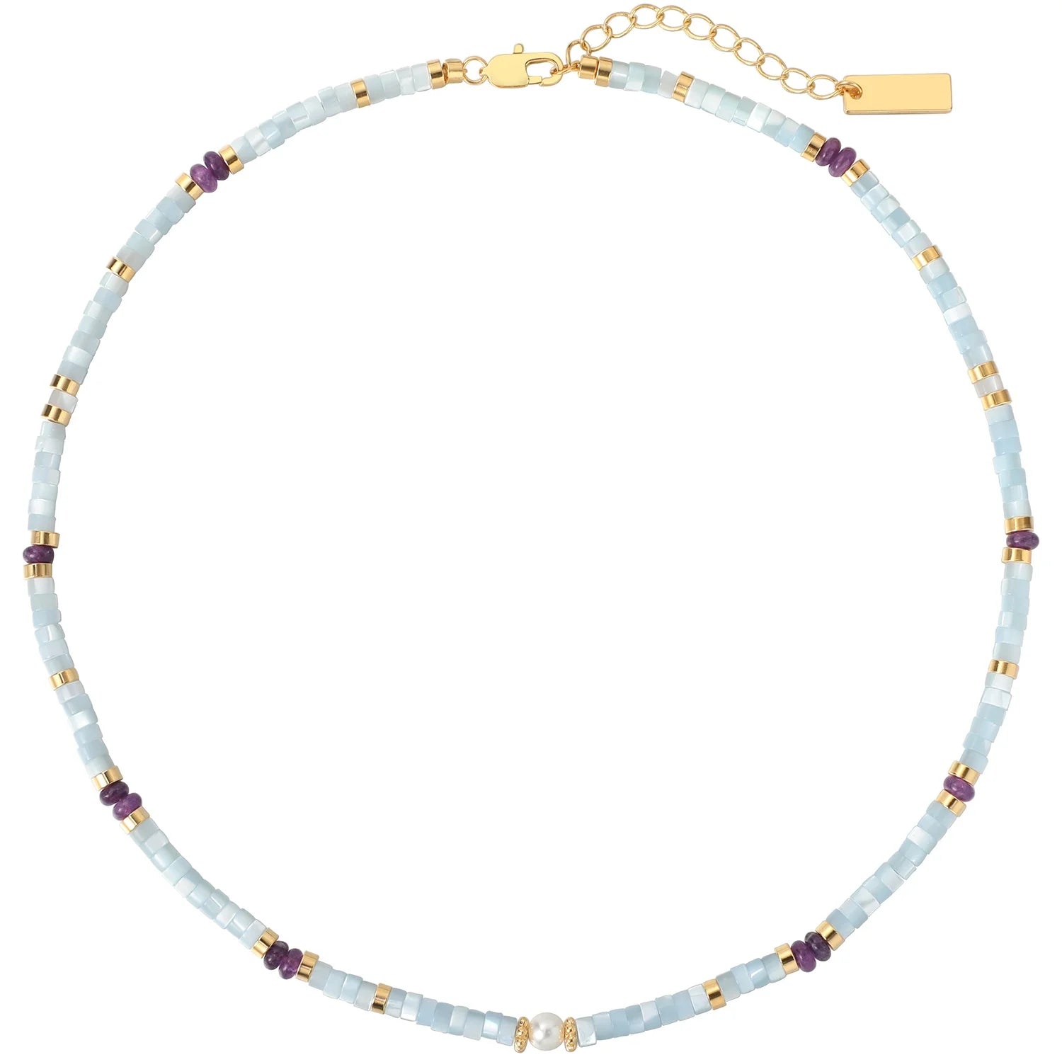 Original Design Light Blue Mother-Of-Pearl Shell Beaded 18K Gold Plated Trendy Necklace for Women Diy Customization