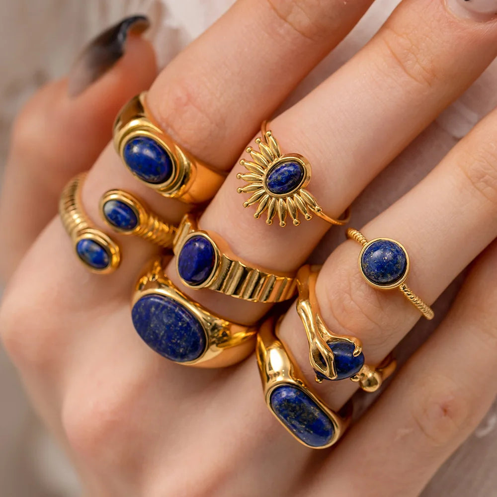 Vintage Natural Stone Jewelry Tarnish Free Stainless Steel Lapis Lazuli Ring Necklace Dainty Jewelry Set for Women Girls