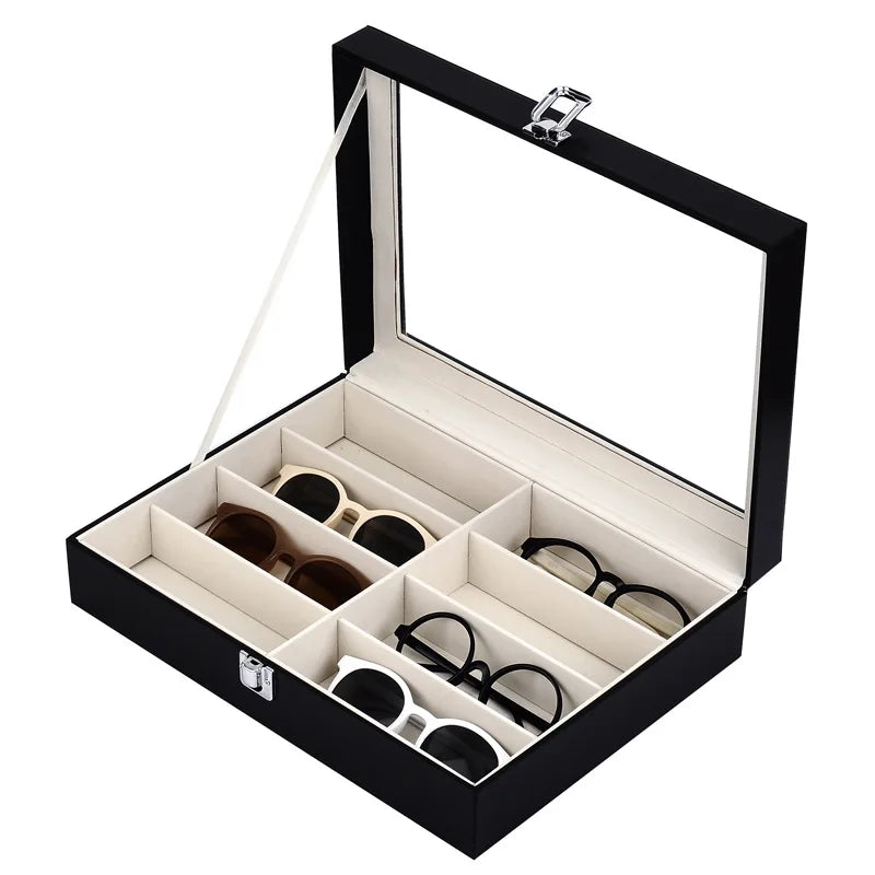 Factory Wholesale Black Luxury Clear Window 8 Slots PU Leather Sunglasses Eyeglasses Storage Display Box MegaBDM