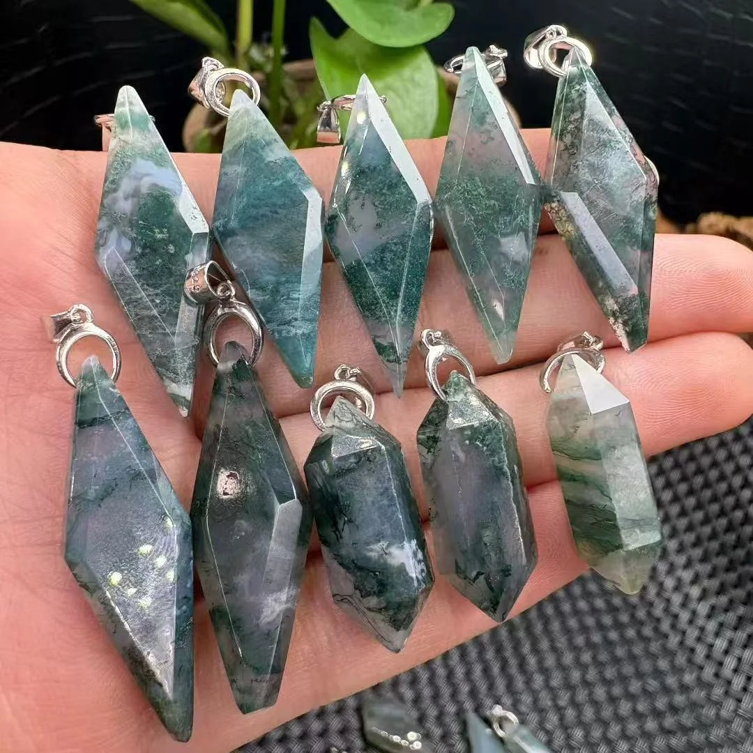 Handmade Chakra Spiritual Healing Stone Natural Moss Agate Point 925 sterling silver Pendant for Anti Stress and Anxiety
